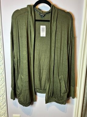 Torrid Olive Green Longline Hooded Cardigan Sweater Open Front Size 1